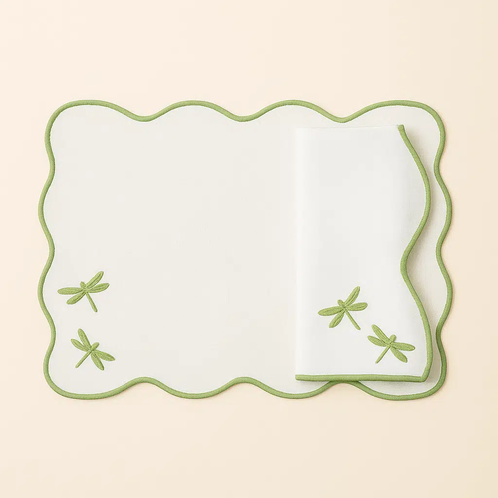 Mariaida Home Damselfly Amerikan Servis Peçete Set Beyaz Yeşil | Anti-Stain