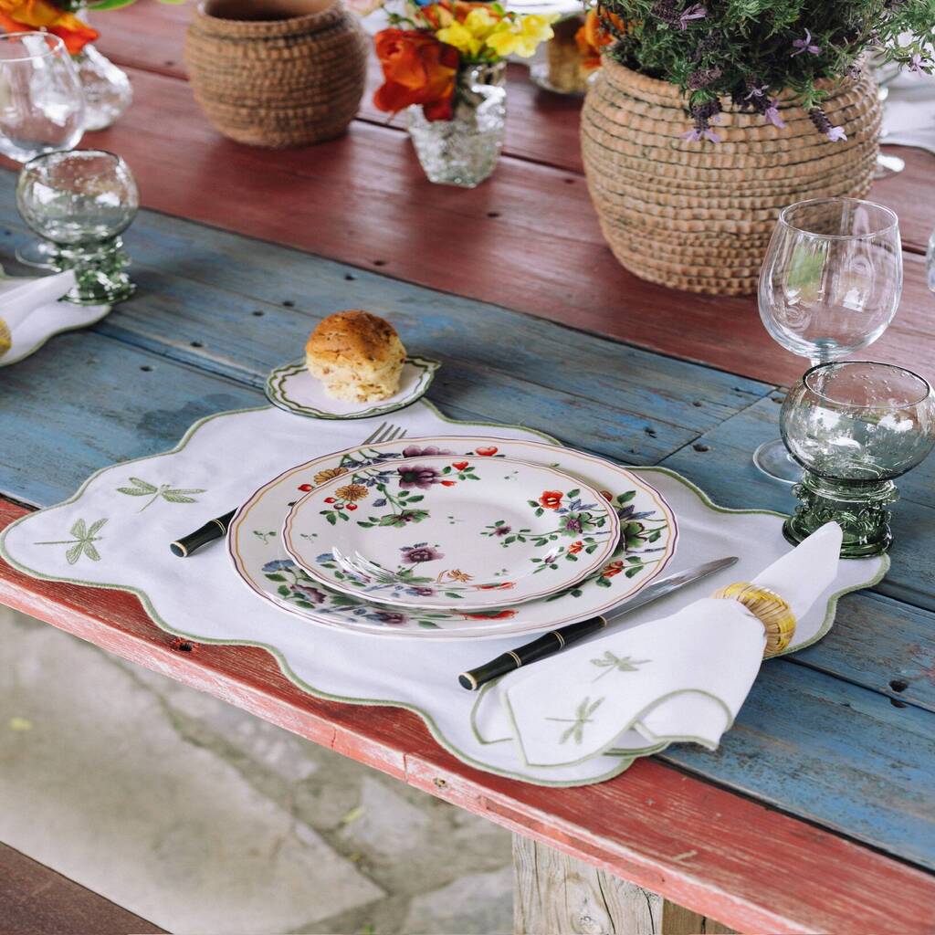 Mariaida Home Damselfly Amerikan Servis Peçete Set Beyaz Yeşil | Anti-Stain
